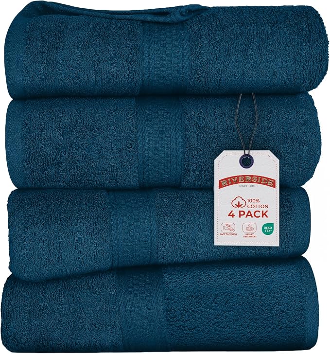 RIVERSIDE 100% Ring Spun Cotton Large Bath Towels Set of 4, 27 x 54 – Quick Dry by RIVERSIDE