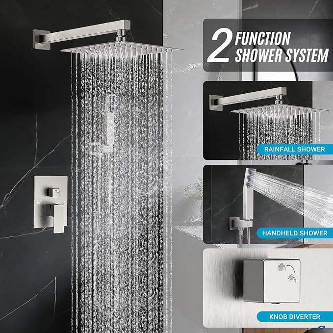 Shower Faucet Set with Shower Head, Wall Mount 10 Inch Square Rainfall Shower - Image 2