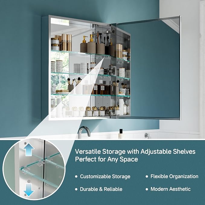 24"x30" Medicine Cabinet Mirror, Aluminum Silver Recessed Medicine Cabinet - Image 4