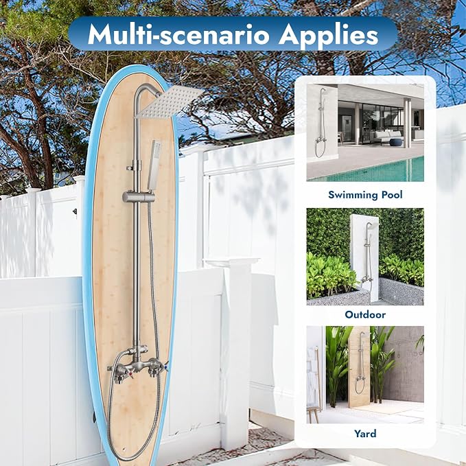 Wall Mounted Outdoor Shower Set Brushed Nickel 6 Inch Square Rainfall Shower - Image 8