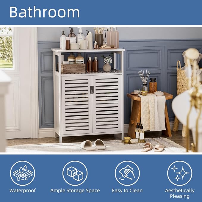 HITNET White Bathroom Cabinet, Bamboo Storage Cabinet Freestanding, Side Tall - Image 4