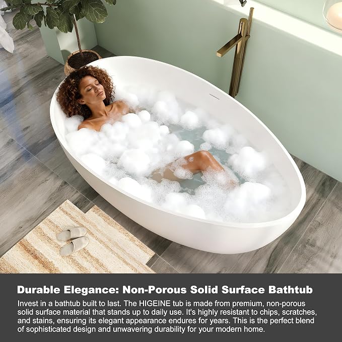 71" Premium Solid Surface Freestanding Bathtub, Unique Oval Stone Resin Tub - Image 5