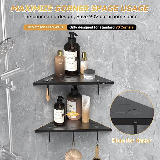 Corner Shower Shelf 10" Matte Black 304 Stainless Steel Recessed Shelf - Image 5