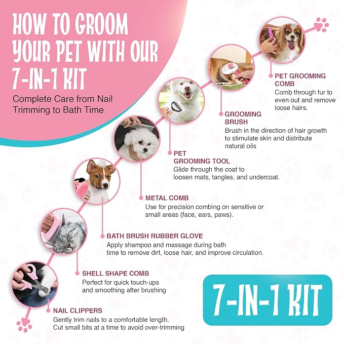7-in-1 Pet Grooming Kit for Dogs & Cats Deshedding Brush, Bath Brush, Flea Comb - Image 3