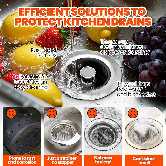 3 in 1 Kitchen Sink Drain Strainer & Sink Stopper Upgraded Stainless Steel - Image 3