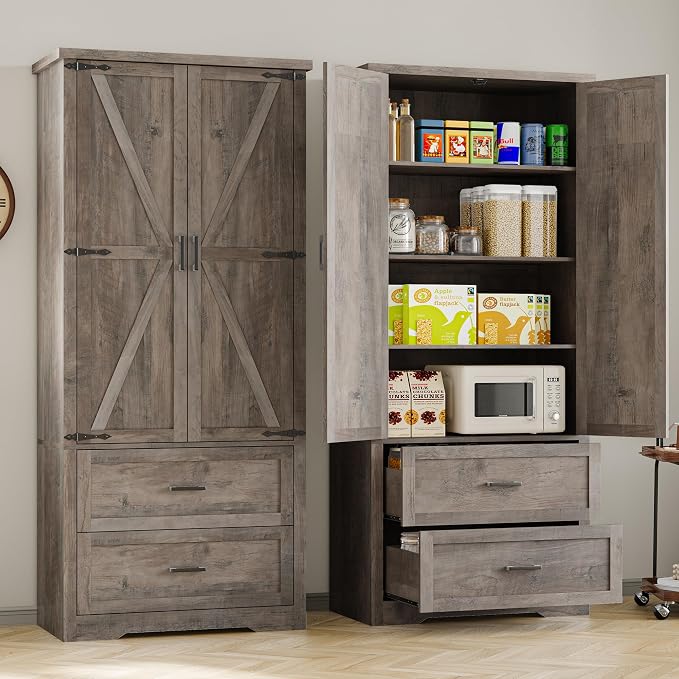 Pantry Organizers and Storage Cabinet, 71” Barn Door White Kitchen Cabinet - Image 4