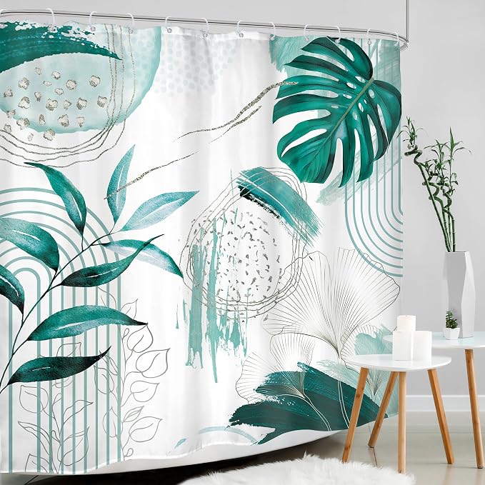Green Boho Shower Curtain 72Wx72H Bohemian Modern Abstract Teal Tropical Palm - Image 3