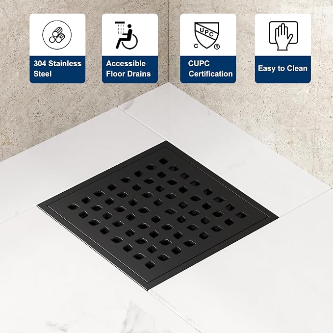 Neodrain Square Shower Drain, 6 inch Black Stainless Steel 304 Grate and PVC - Image 3