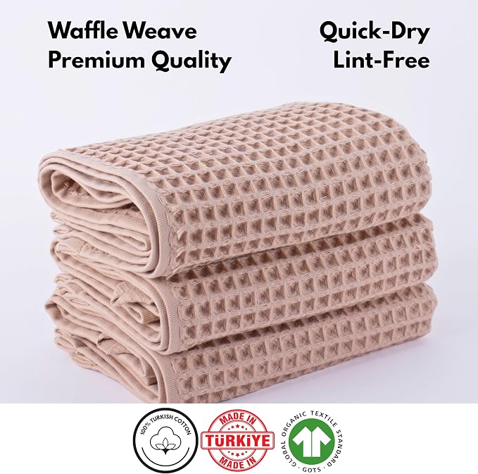 PÜSKÜL Waffle Kitchen & Hand Towel Organic 100% Turkish Cotton Set of 3 Beige - Image 5