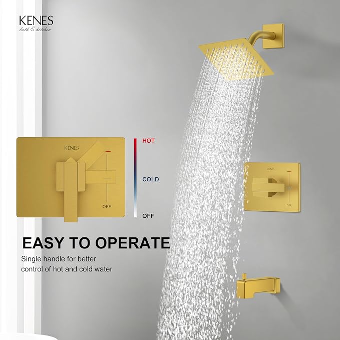 KENES Brushed Gold Tub and Shower Trim Kit, Square Tub Shower Faucet Set - Image 4