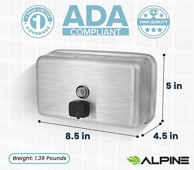 Alpine Commercial Wall-Mounted Soap Dispenser – Stainless Steel, Manual Pump - Image 3