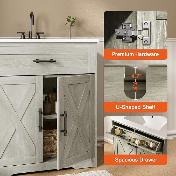 Amada 30″ Bathroom Vanity with Ceramic Sink, Farmhouse Undermount Vanity Sink - Image 3