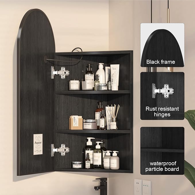 16x31 Inch Black Corner Lighted Medicine Cabinet - Image 6