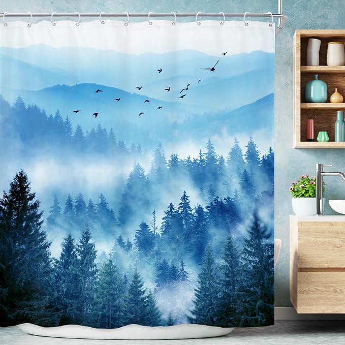 Riyidecor Navy Blue Mountain Shower Curtain 72Wx96H Inch Extra Long Nature by Riyidecor