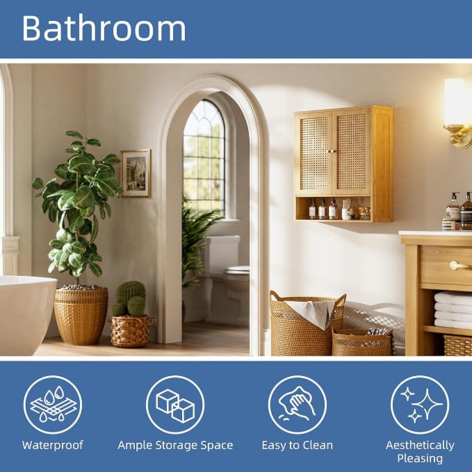 HITNET Bathroom Cabinet Wall Mounted, Rattan Medicine Cabinet, Bamboo Hanging - Image 6