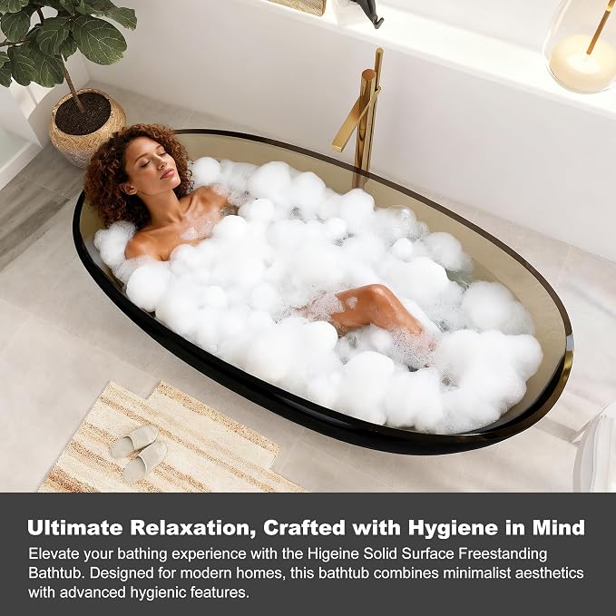 69" Premium Solid Surface Free Standing Bathtub, Unique Transparent Brown Stone - Image 4