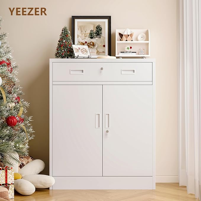 Metal Storage Cabinet with Drawer, Adjustable Shelf File Cabinet Cabinet with - Image 2