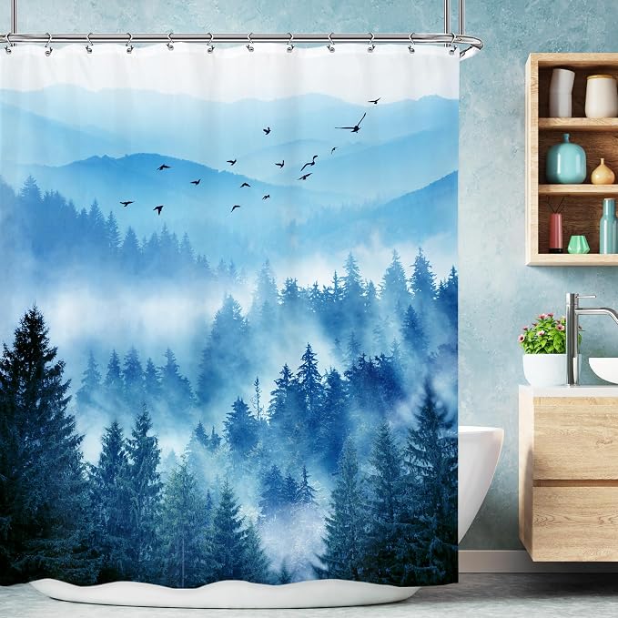 Riyidecor Mountain Shower Curtain 60Wx72H Inch Blue Foggy Nature Scenery Smokey by Riyidecor