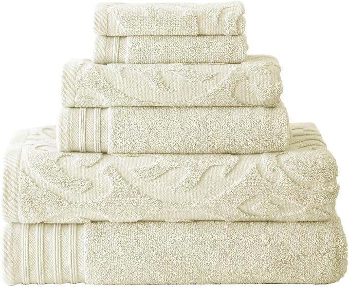 Modern Threads 6 Piece Jacquard/Solid Towel Set-Medallion Swirl Ivory by ModernThreads