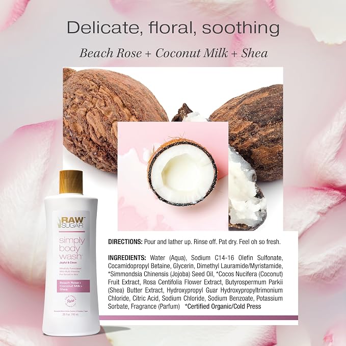 RAW SUGAR Simply Body Wash, Beach Rose + Coconut Milk + Shea Sensitive Skin - Image 6