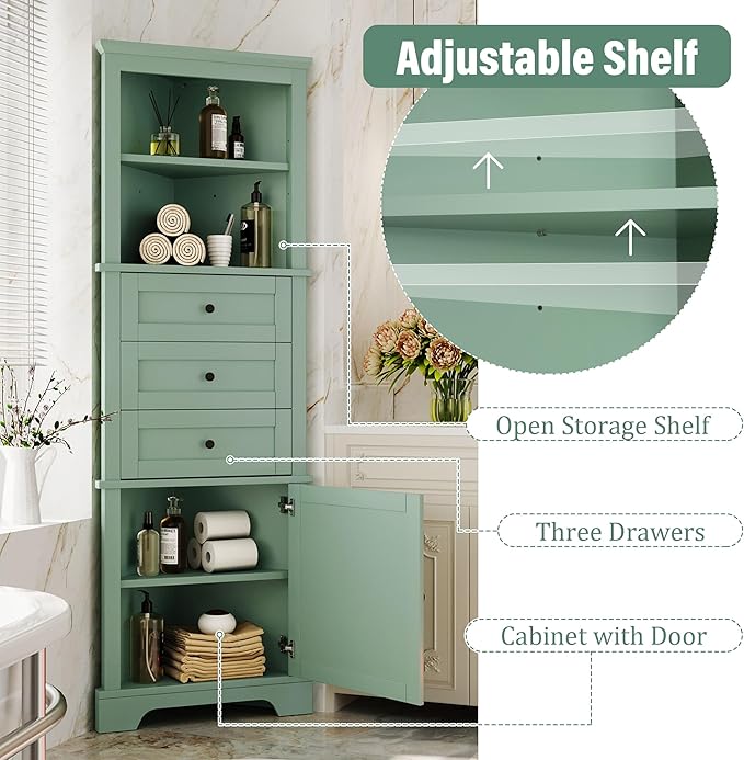 69" H Tall Corner Cabinet with Adjustable Shelves and Drawers, Storage - Image 9