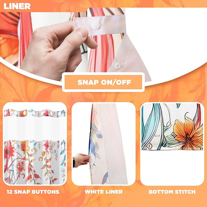 Hookless Shower Curtain with Snap-in Liner Set, Vibrant Watercolor Fabric - Image 5