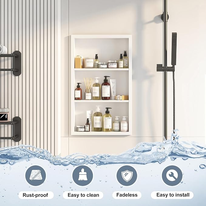 Bathroom Medicine Cabinet Recessed, 14x24 White Shower Niche - Image 4