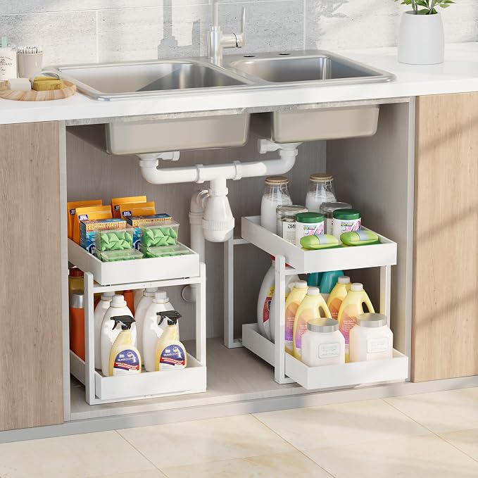 2 Pack Under Sink Organizer, Bamboo Wooden 2-Tier Pull-Out Storage by HEALTHYYOU