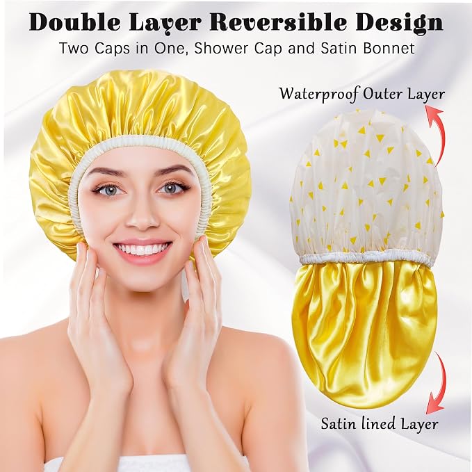 Shower Cap for Women, Shower Caps Reusable Waterproof, Large Plastic Satin - Image 3