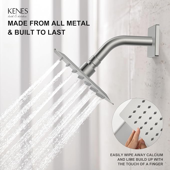 KENES Brushed Nickel 6-Inch Shower Head and Handle Set, Square Shower Faucet - Image 5