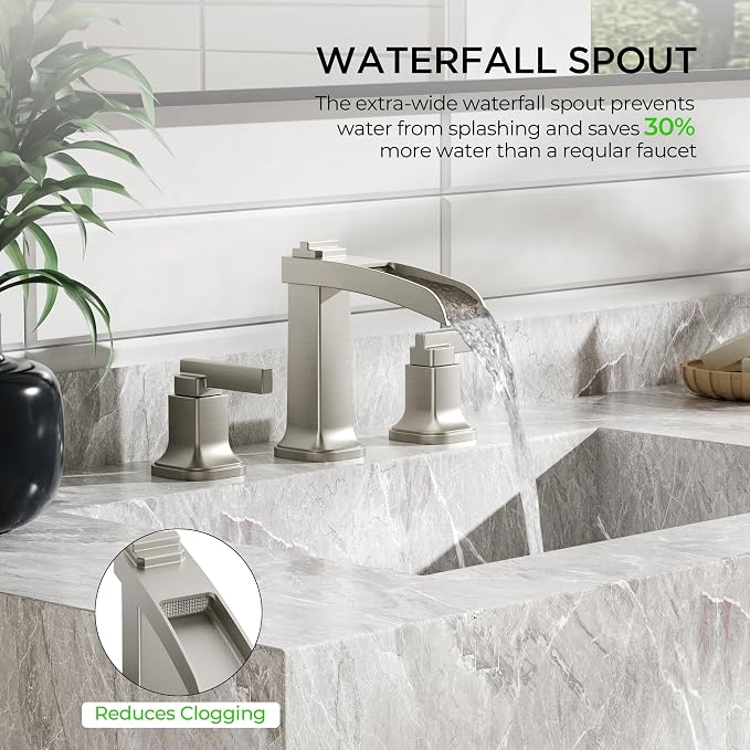 FORIOUS Brass Bathroom Faucets 3 Hole, Modern Waterfall Widespread 8 Inch - Image 3