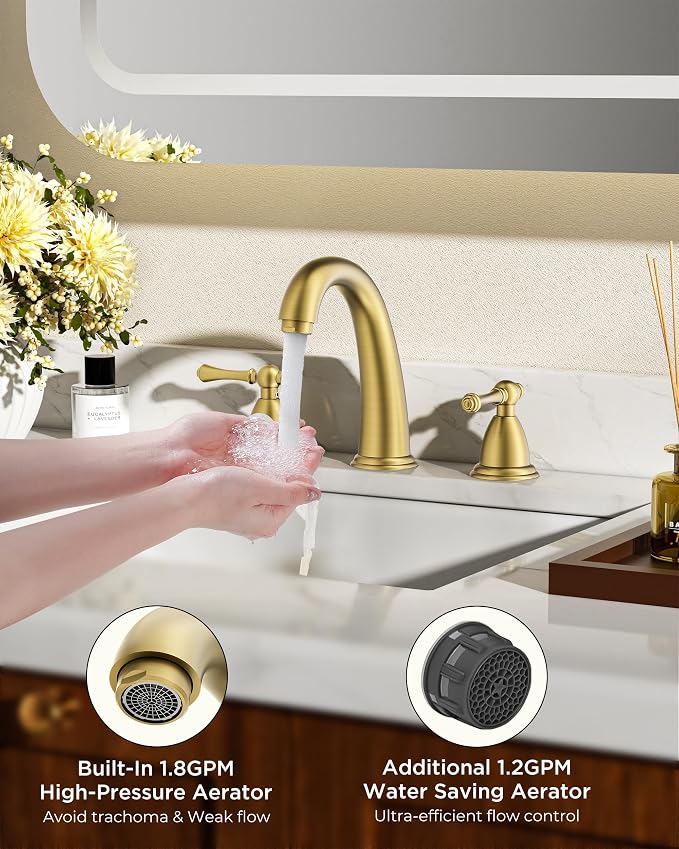 FORIOUS Brushed Gold Faucet for Bathroom Sink 3 Hole, 8 Inch Widespread - Image 4