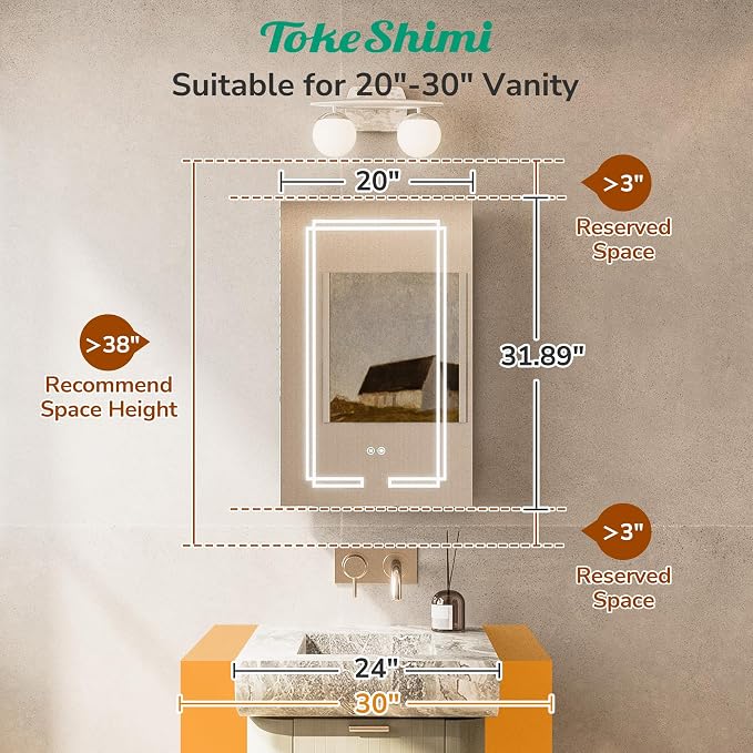 TokeShimi 20x32 Lighted Medicine Cabinet Mirrored, Anti-Fog Tempered Bathroom - Image 3