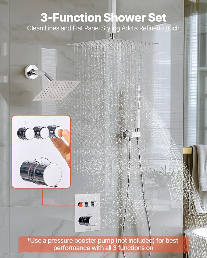VEVOR Shower Faucet Set, 12 Inch Thermostatic Ceiling Mount Rainfall Shower - Image 2