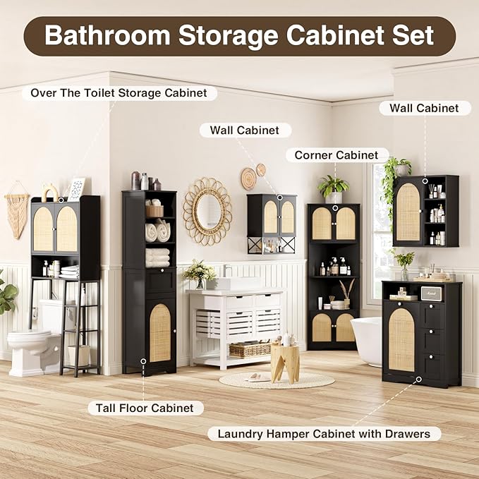 67''H Tall Corner Cabinet with Handmade Rattan Door, Rattan Storage Cabinet - Image 5