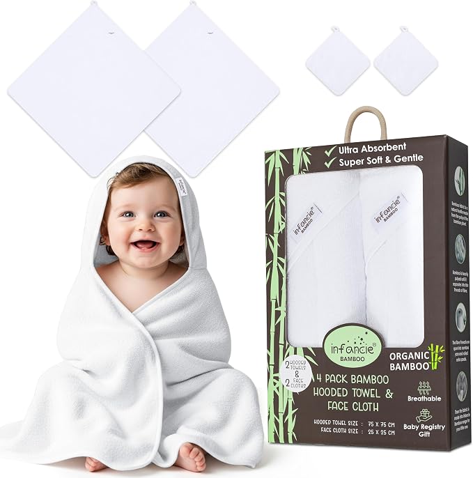 Bamboo Hooded Baby Towel with Face Cloth – 2 Hooded Towels & 2 Washcloths – by Infancie