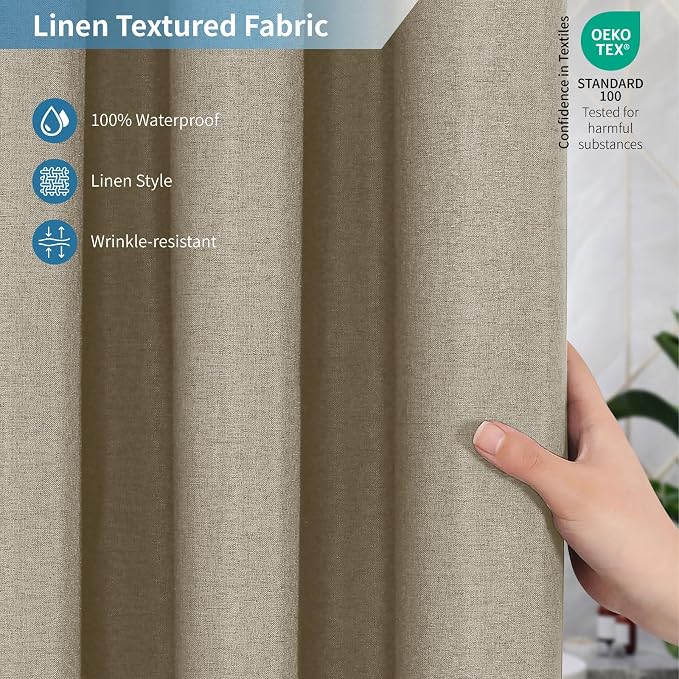 2-in-1 Waterproof Long Fabric Shower Curtain or Liner, Linen Textured, 78 Inch - Image 4