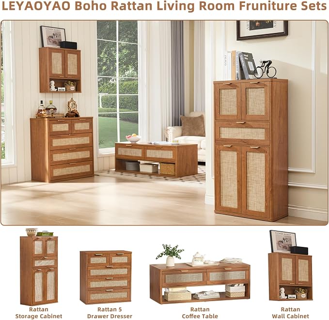 LEYAOYAO 48" Tall Storage Cabinet, Rattan Bathroom Floor Cabinets - Image 3
