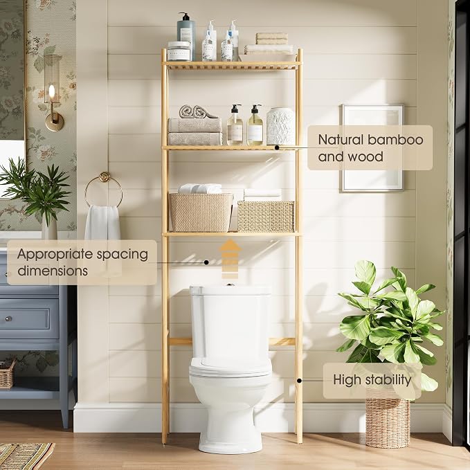 3 Tier Over The Toilet Organizer Rack Bamboo, Freestanding Bathroom Toilet - Image 4