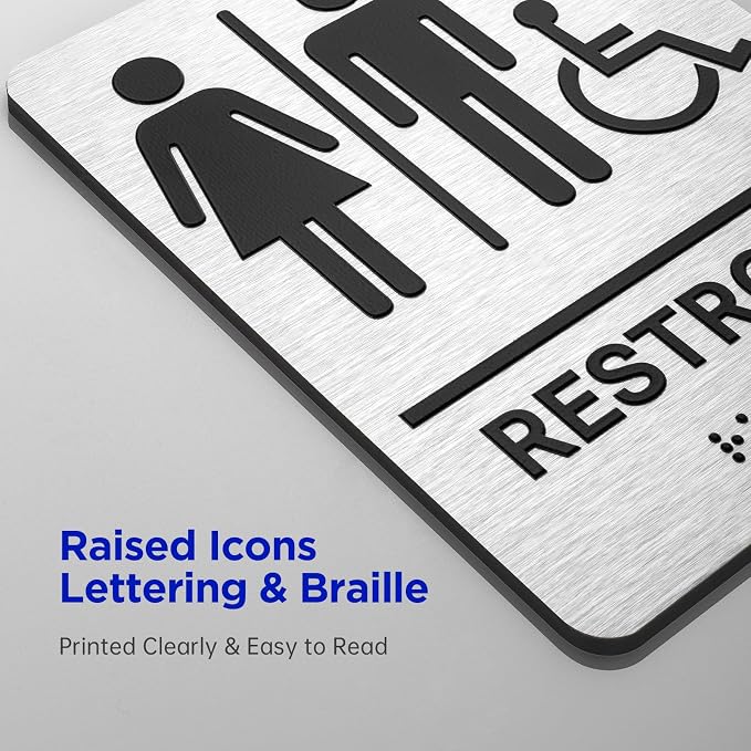 Restroom Sign, Brushed Aluminum ADA Raised Braille Restroom Signage - Image 3