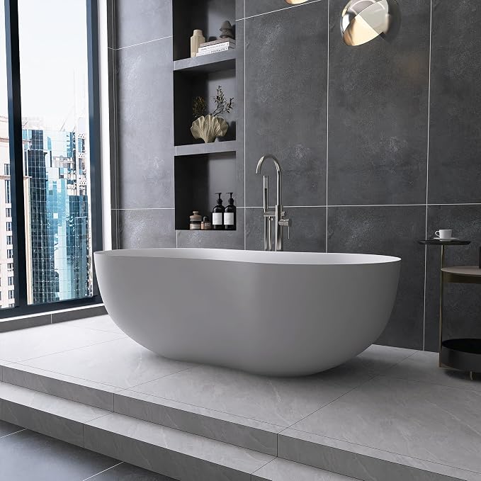 67 Inch Stone Resin Freestanding Bathtub, Contemporary Peanut Oval Stand Alone - Image 8