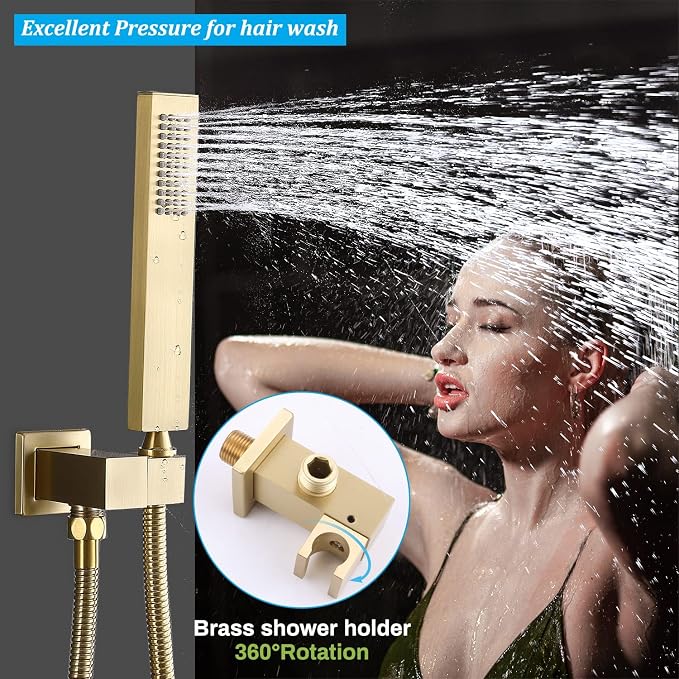 Enga Brushed Gold Shower Jets System, 16 Inch LED Rainfall Shower Faucet Set - Image 7