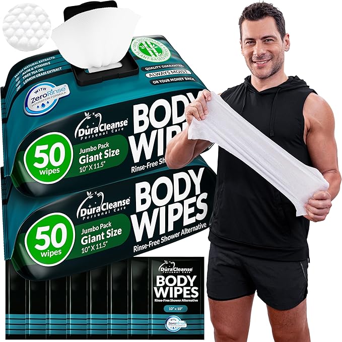 Body Wipes for Men – 100 XL No Rinse Shower Sheets + 8 Travel Bath Wipes by DuraCleanse