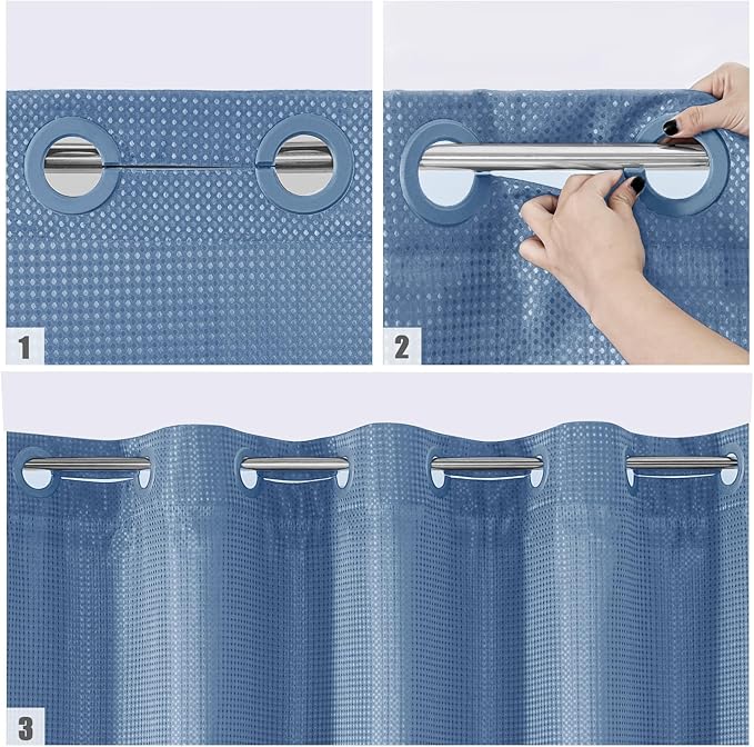 MitoVilla No Hooks Needed Blue Waffle Shower Curtain Liner Set, Modern Waffle - Image 4