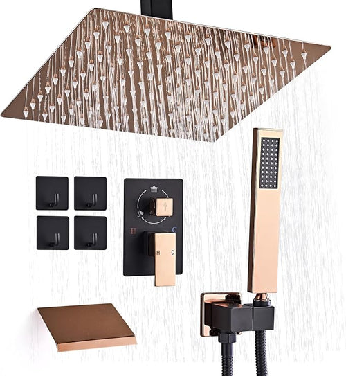12 Inch Ceiling Mount Shower System Matte Black Gold Rain Mixer Shower Combo by RTOBWEYE
