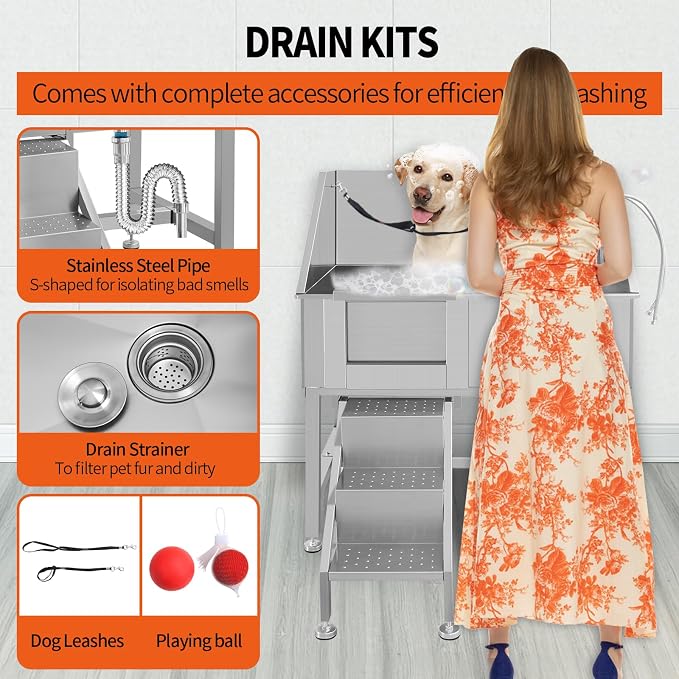 38" Professional Stainless Steel Dog Grooming Tub W/Soap Box, Rich Accessory - Image 7