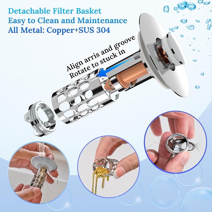 3 in 1 Bathroom Sink Drain Strainer, Universal Pop Up Bathroom Sink Stopper - Image 5