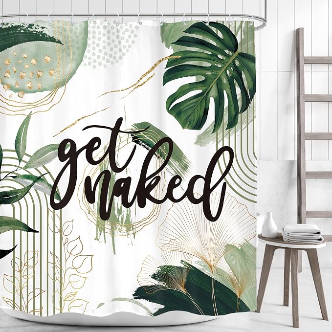 Green Boho Shower Curtain 60Wx72H Bohemian Sage Green Golden Leaves Get Naked - Image 2