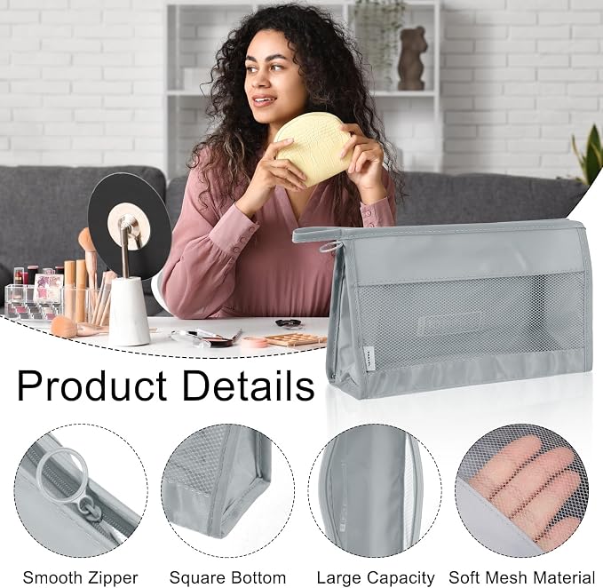 uxcell Mesh Makeup Bag, Large Capacity Travel Zipper Cosmetic Bags, Beach Mesh - Image 3