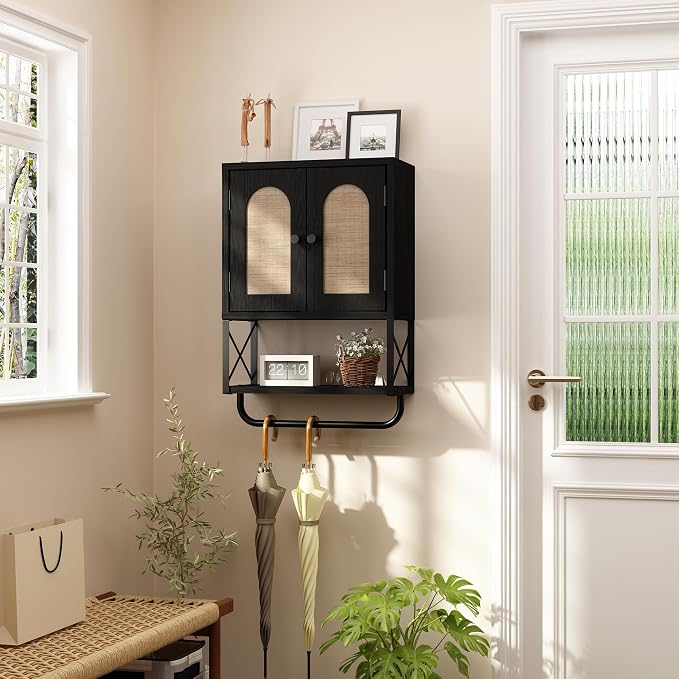 RUSTOWN Rattan Bathroom Wall Cabinet, Boho Over The Toilet Storage Cabinet - Image 4